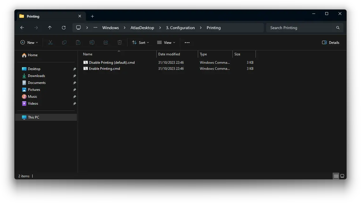 The Atlas 'Printing' configuration folder